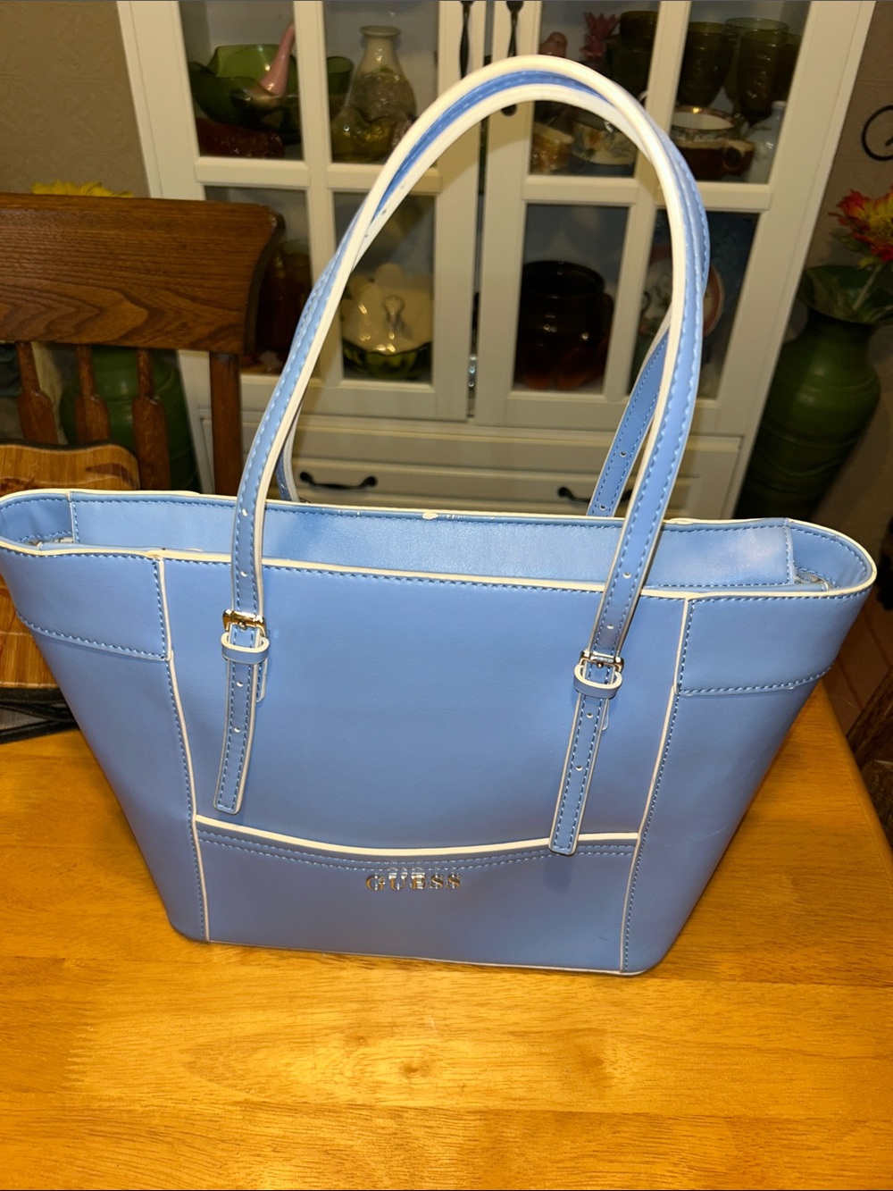 GUESS Powder Blue Tote with White Trim